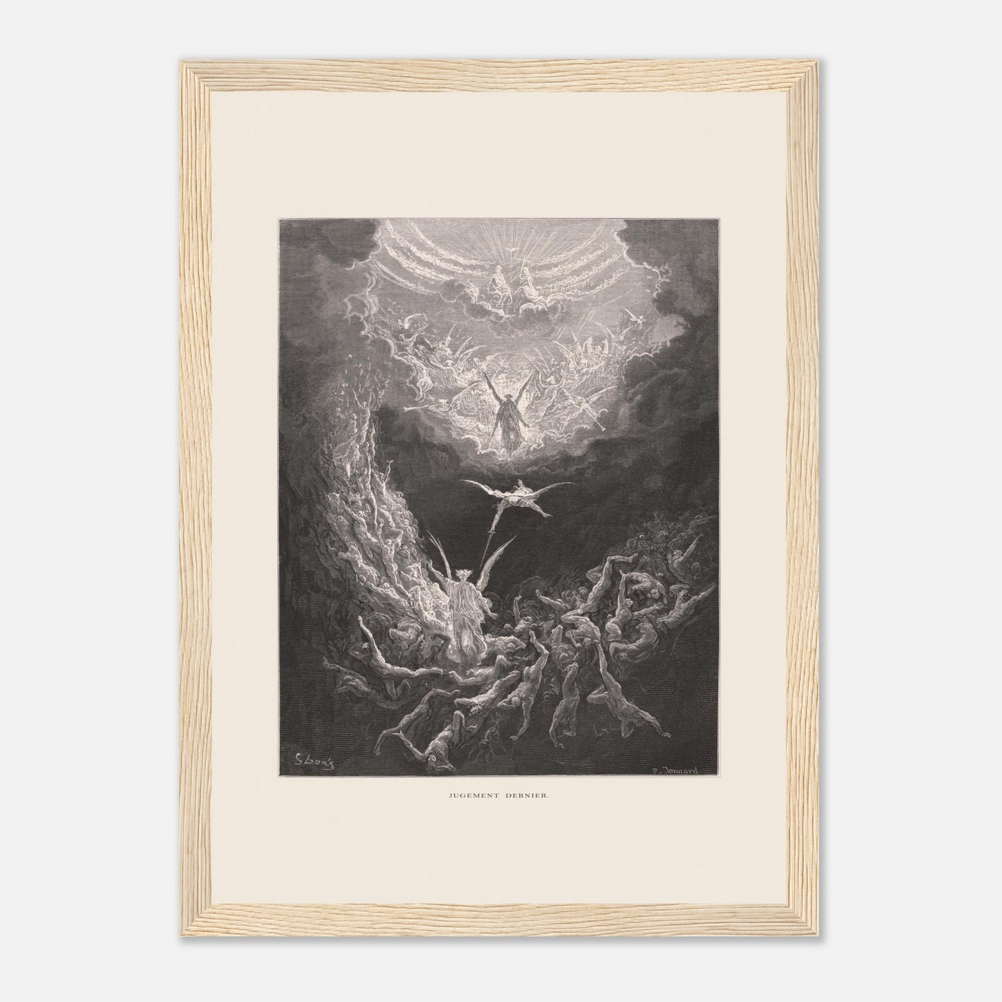 Planche ancienne : Le Jugement dernier par Gustave Doré (21x29,7 cm (A4) / Cadre bois clair). Estampe de Gustave Doré représentant le Jugement dernier, avec des figures célestes et des âmes damnées dans un paysage sombre et tourmenté, entouré de nuages.