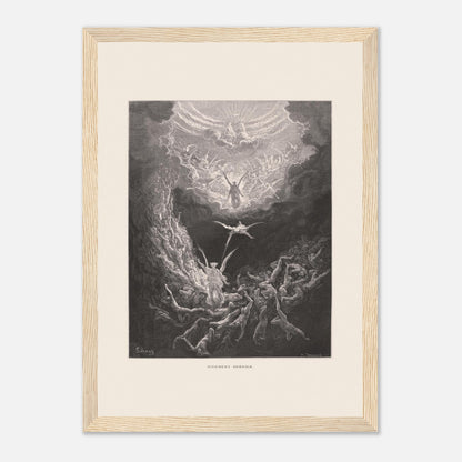 Planche ancienne : Le Jugement dernier par Gustave Doré (21x29,7 cm (A4) / Cadre bois clair). Estampe de Gustave Doré représentant le Jugement dernier, avec des figures célestes et des âmes damnées dans un paysage sombre et tourmenté, entouré de nuages.