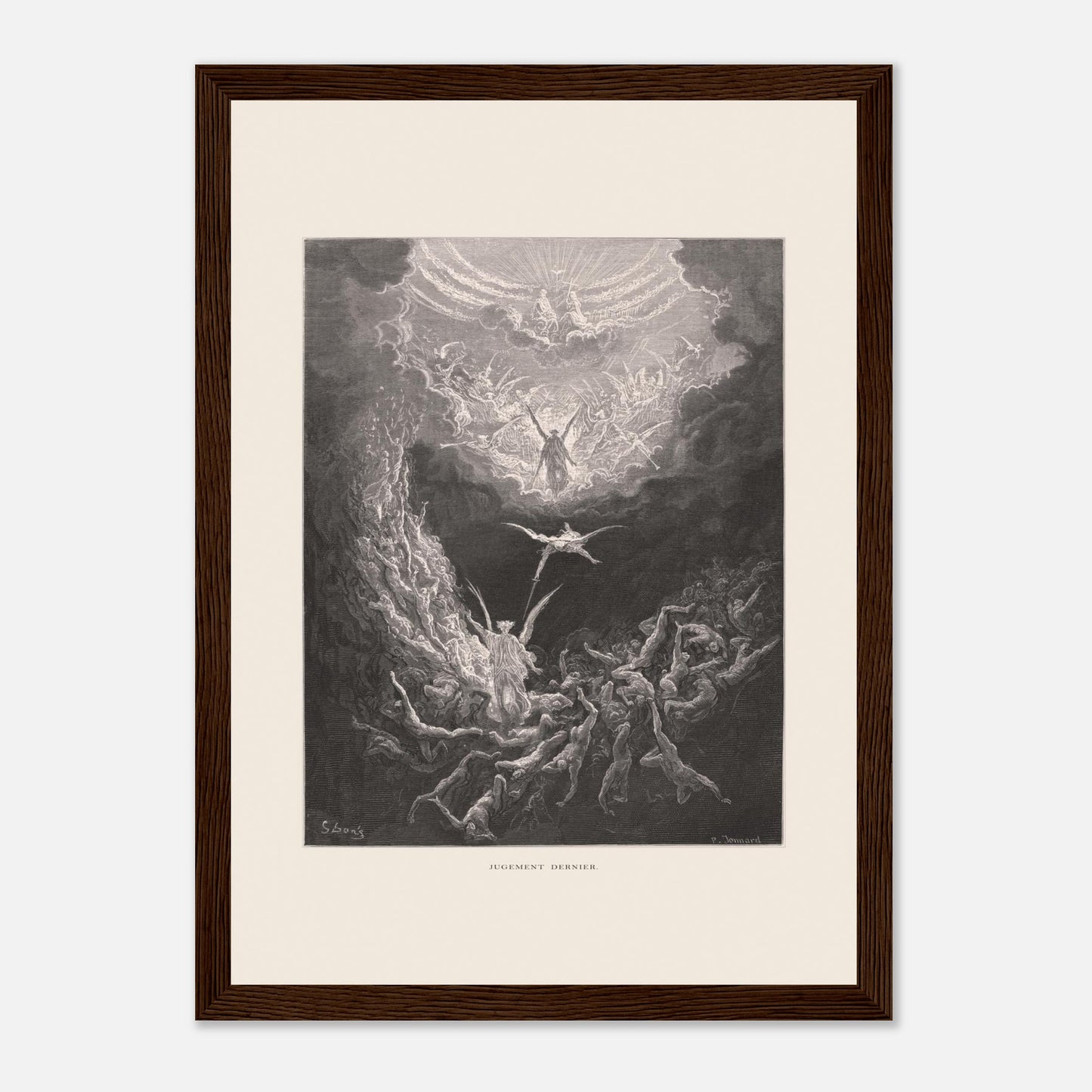 Planche ancienne : Le Jugement dernier par Gustave Doré (21x29,7 cm (A4) / Cadre bois foncé). Estampe de Gustave Doré représentant le Jugement dernier, avec des figures célestes et des âmes damnées dans un paysage sombre et tourmenté, entouré de nuages.
