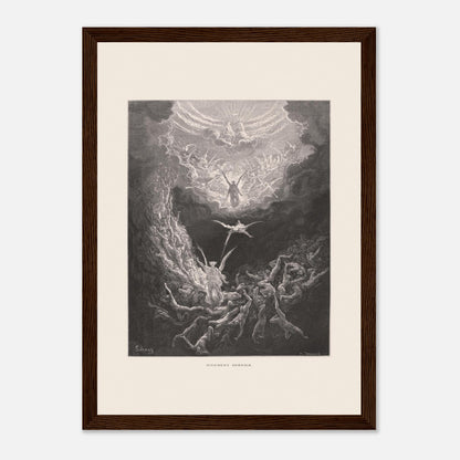 Planche ancienne : Le Jugement dernier par Gustave Doré (21x29,7 cm (A4) / Cadre bois foncé). Estampe de Gustave Doré représentant le Jugement dernier, avec des figures célestes et des âmes damnées dans un paysage sombre et tourmenté, entouré de nuages.