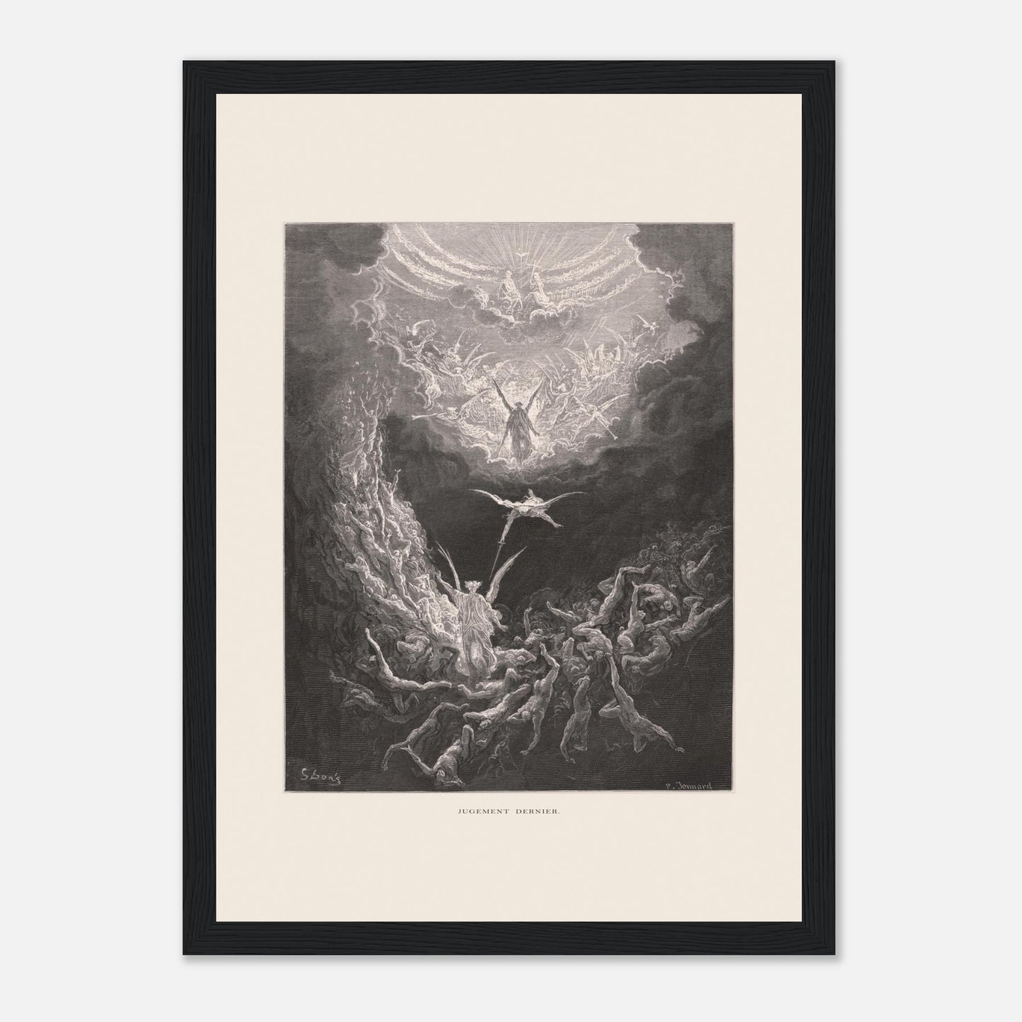 Planche ancienne : Le Jugement dernier par Gustave Doré (21x29,7 cm (A4) / Cadre noir). Estampe de Gustave Doré représentant le Jugement dernier, avec des figures célestes et des âmes damnées dans un paysage sombre et tourmenté, entouré de nuages.