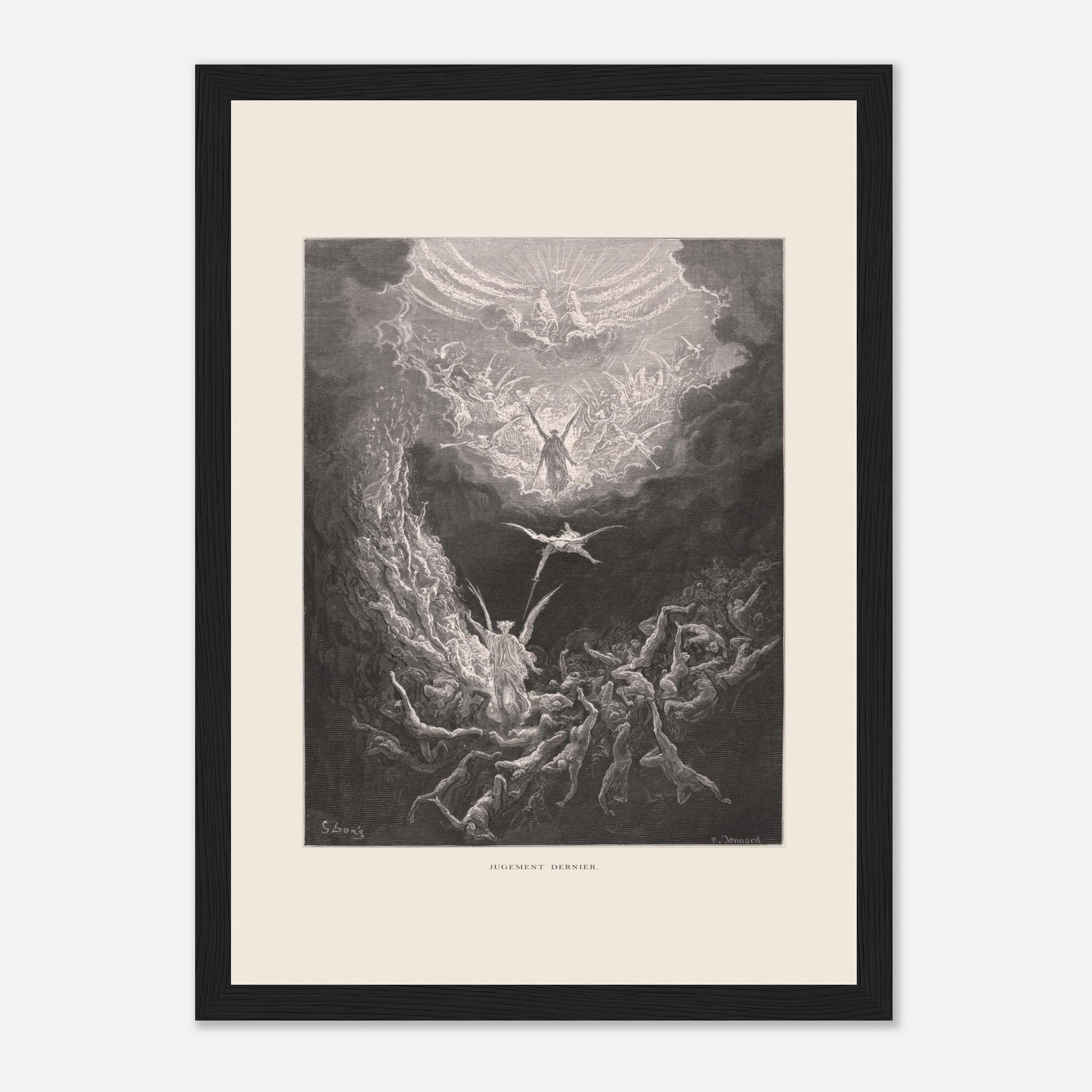 Planche ancienne : Le Jugement dernier par Gustave Doré (21x29,7 cm (A4) / Cadre noir). Estampe de Gustave Doré représentant le Jugement dernier, avec des figures célestes et des âmes damnées dans un paysage sombre et tourmenté, entouré de nuages.