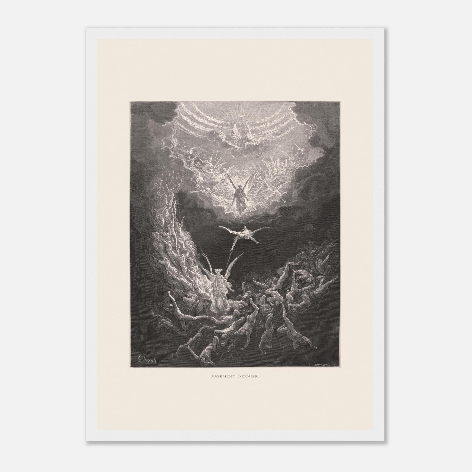 Planche ancienne : Le Jugement dernier par Gustave Doré (29,7x42 cm (A3) / Cadre blanc). Estampe de Gustave Doré représentant le Jugement dernier, avec des figures célestes et des âmes damnées dans un paysage sombre et tourmenté, entouré de nuages.