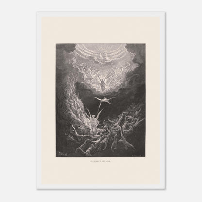 Planche ancienne : Le Jugement dernier par Gustave Doré (29,7x42 cm (A3) / Cadre blanc). Estampe de Gustave Doré représentant le Jugement dernier, avec des figures célestes et des âmes damnées dans un paysage sombre et tourmenté, entouré de nuages.
