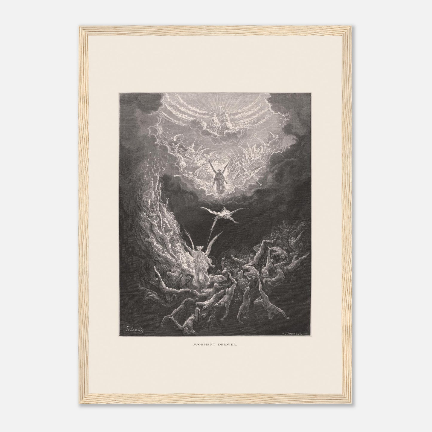 Planche ancienne : Le Jugement dernier par Gustave Doré (29,7x42 cm (A3) / Cadre bois clair). Estampe de Gustave Doré représentant le Jugement dernier, avec des figures célestes et des âmes damnées dans un paysage sombre et tourmenté, entouré de nuages.