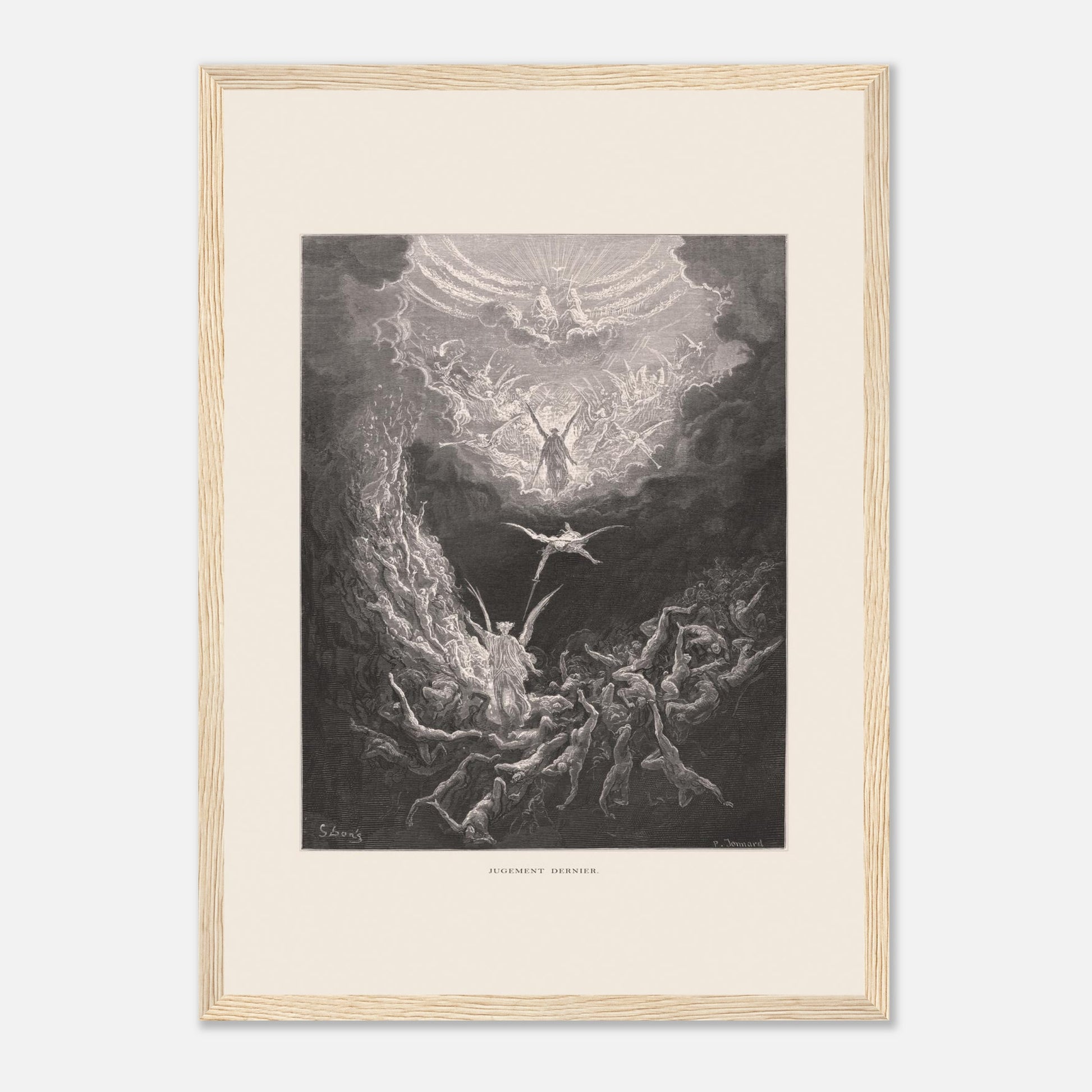 Planche ancienne : Le Jugement dernier par Gustave Doré (29,7x42 cm (A3) / Cadre bois clair). Estampe de Gustave Doré représentant le Jugement dernier, avec des figures célestes et des âmes damnées dans un paysage sombre et tourmenté, entouré de nuages.