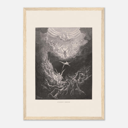 Planche ancienne : Le Jugement dernier par Gustave Doré (29,7x42 cm (A3) / Cadre bois clair). Estampe de Gustave Doré représentant le Jugement dernier, avec des figures célestes et des âmes damnées dans un paysage sombre et tourmenté, entouré de nuages.