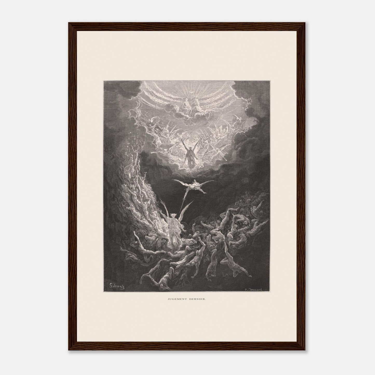 Planche ancienne : Le Jugement dernier par Gustave Doré (29,7x42 cm (A3) / Cadre bois foncé). Estampe de Gustave Doré représentant le Jugement dernier, avec des figures célestes et des âmes damnées dans un paysage sombre et tourmenté, entouré de nuages.