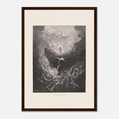 Planche ancienne : Le Jugement dernier par Gustave Doré (29,7x42 cm (A3) / Cadre bois foncé). Estampe de Gustave Doré représentant le Jugement dernier, avec des figures célestes et des âmes damnées dans un paysage sombre et tourmenté, entouré de nuages.
