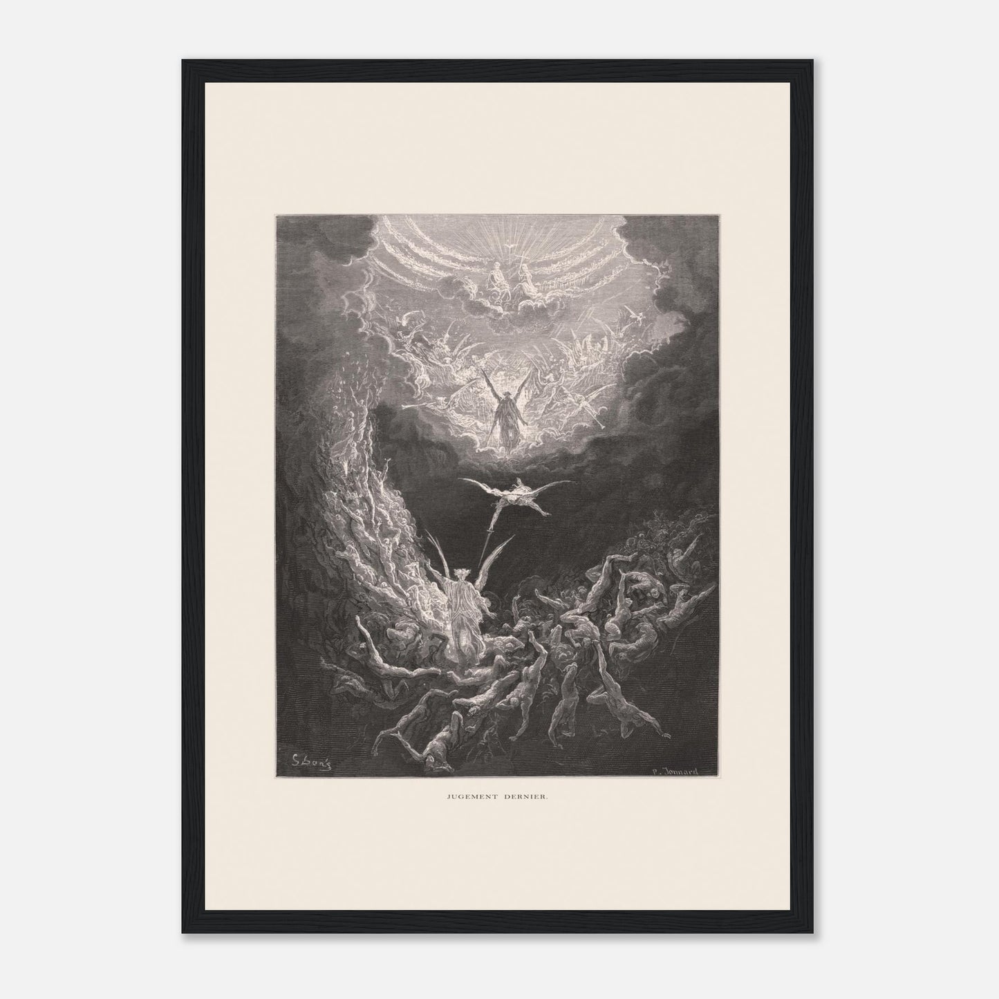 Planche ancienne : Le Jugement dernier par Gustave Doré (29,7x42 cm (A3) / Cadre noir). Estampe de Gustave Doré représentant le Jugement dernier, avec des figures célestes et des âmes damnées dans un paysage sombre et tourmenté, entouré de nuages.