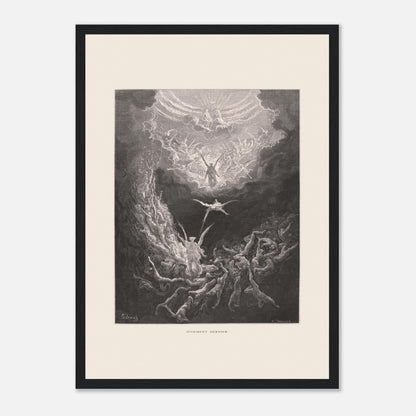Planche ancienne : Le Jugement dernier par Gustave Doré (29,7x42 cm (A3) / Cadre noir). Estampe de Gustave Doré représentant le Jugement dernier, avec des figures célestes et des âmes damnées dans un paysage sombre et tourmenté, entouré de nuages.