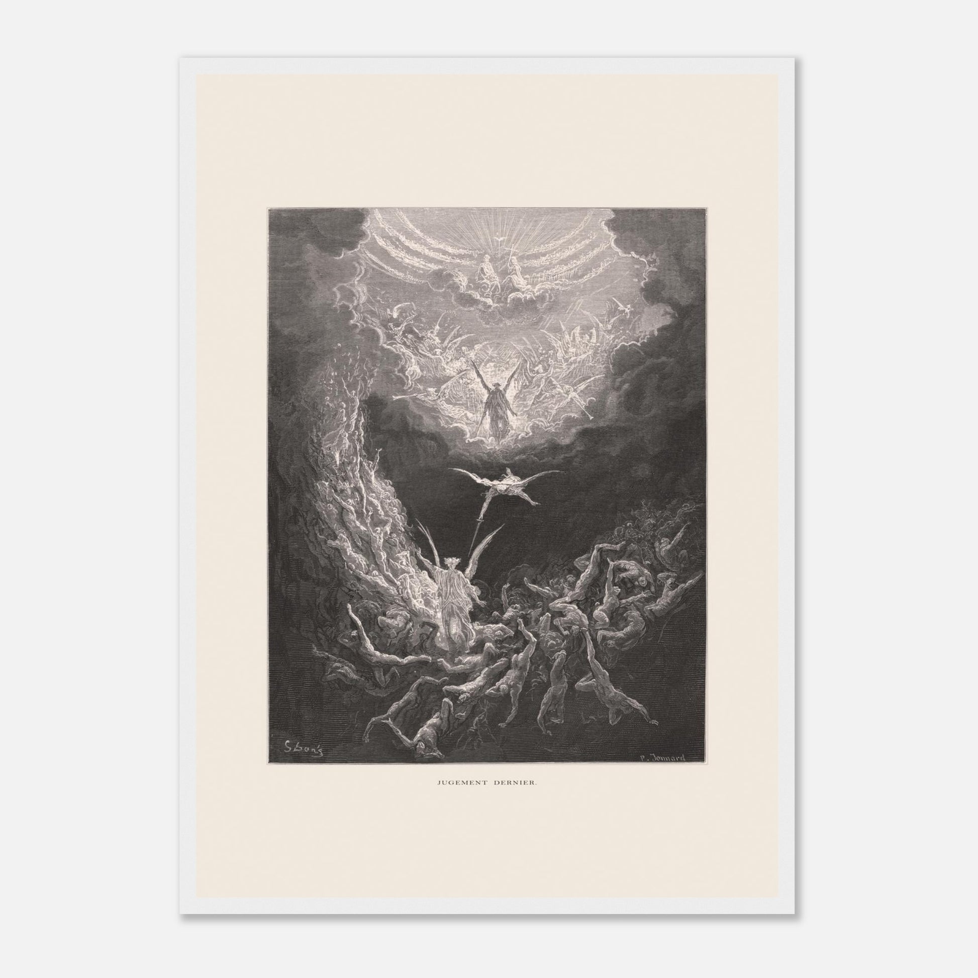 Planche ancienne : Le Jugement dernier par Gustave Doré (42x59,4 cm (A2) / Cadre blanc). Estampe de Gustave Doré représentant le Jugement dernier, avec des figures célestes et des âmes damnées dans un paysage sombre et tourmenté, entouré de nuages.