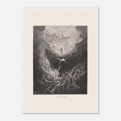 Planche ancienne : Le Jugement dernier par Gustave Doré (42x59,4 cm (A2) / Cadre blanc). Estampe de Gustave Doré représentant le Jugement dernier, avec des figures célestes et des âmes damnées dans un paysage sombre et tourmenté, entouré de nuages.