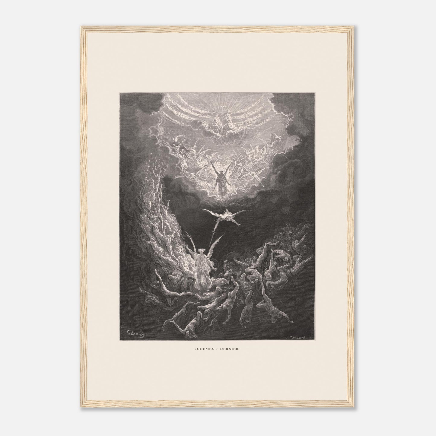 Planche ancienne : Le Jugement dernier par Gustave Doré (42x59,4 cm (A2) / Cadre bois clair). Estampe de Gustave Doré représentant le Jugement dernier, avec des figures célestes et des âmes damnées dans un paysage sombre et tourmenté, entouré de nuages.