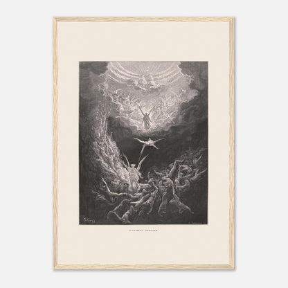 Planche ancienne : Le Jugement dernier par Gustave Doré (42x59,4 cm (A2) / Cadre bois clair). Estampe de Gustave Doré représentant le Jugement dernier, avec des figures célestes et des âmes damnées dans un paysage sombre et tourmenté, entouré de nuages.