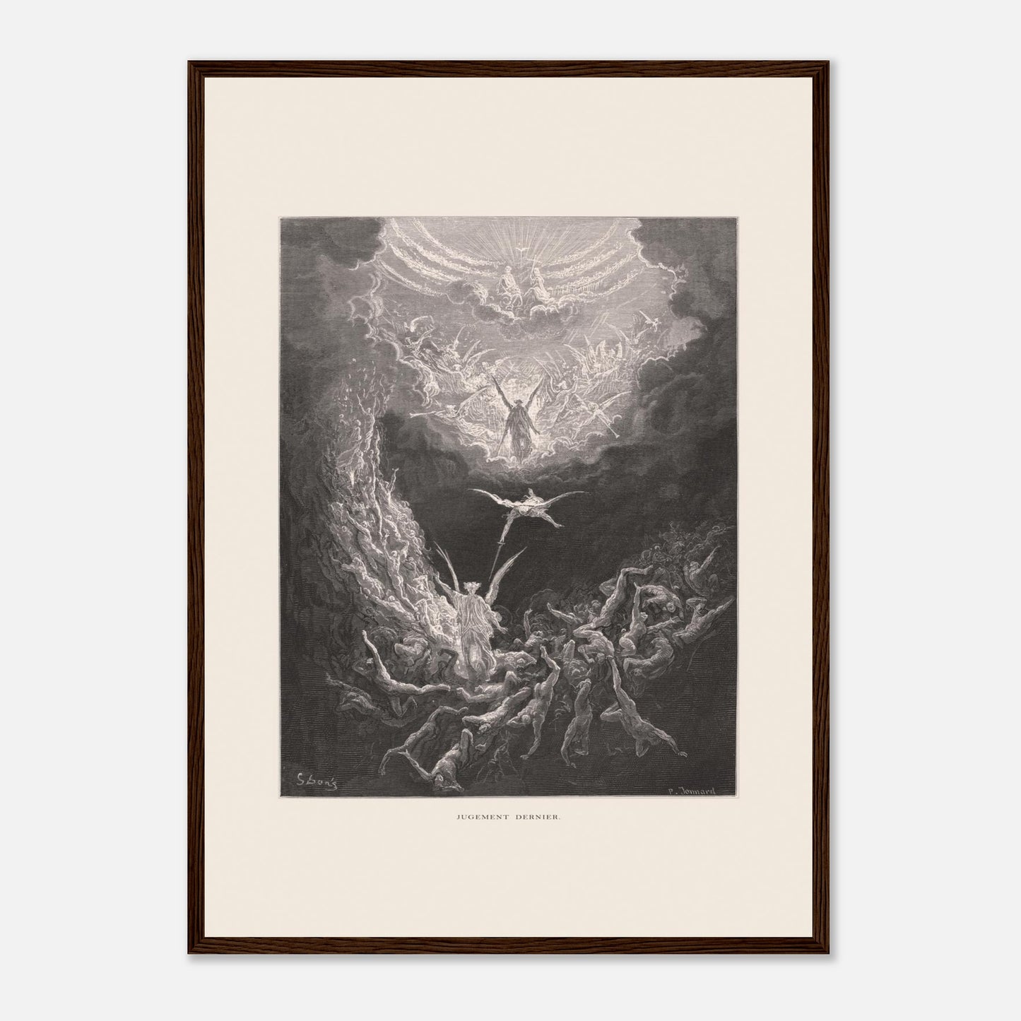 Planche ancienne : Le Jugement dernier par Gustave Doré (42x59,4 cm (A2) / Cadre bois foncé). Estampe de Gustave Doré représentant le Jugement dernier, avec des figures célestes et des âmes damnées dans un paysage sombre et tourmenté, entouré de nuages.