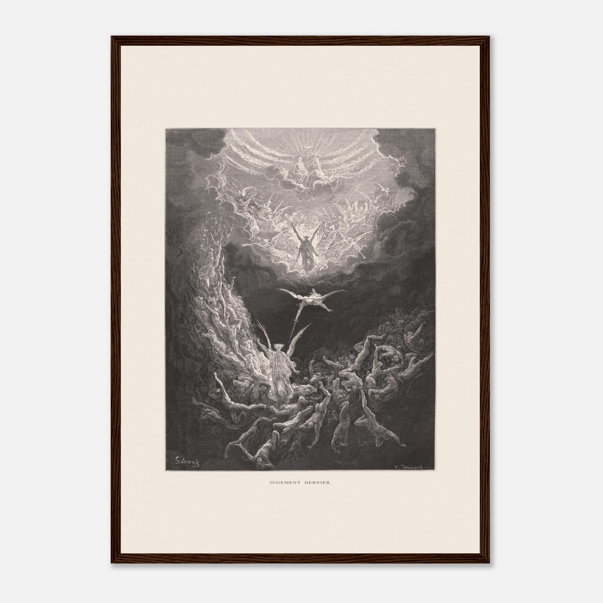 Planche ancienne : Le Jugement dernier par Gustave Doré (42x59,4 cm (A2) / Cadre bois foncé). Estampe de Gustave Doré représentant le Jugement dernier, avec des figures célestes et des âmes damnées dans un paysage sombre et tourmenté, entouré de nuages.