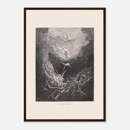 Planche ancienne : Le Jugement dernier par Gustave Doré (42x59,4 cm (A2) / Cadre bois foncé). Estampe de Gustave Doré représentant le Jugement dernier, avec des figures célestes et des âmes damnées dans un paysage sombre et tourmenté, entouré de nuages.