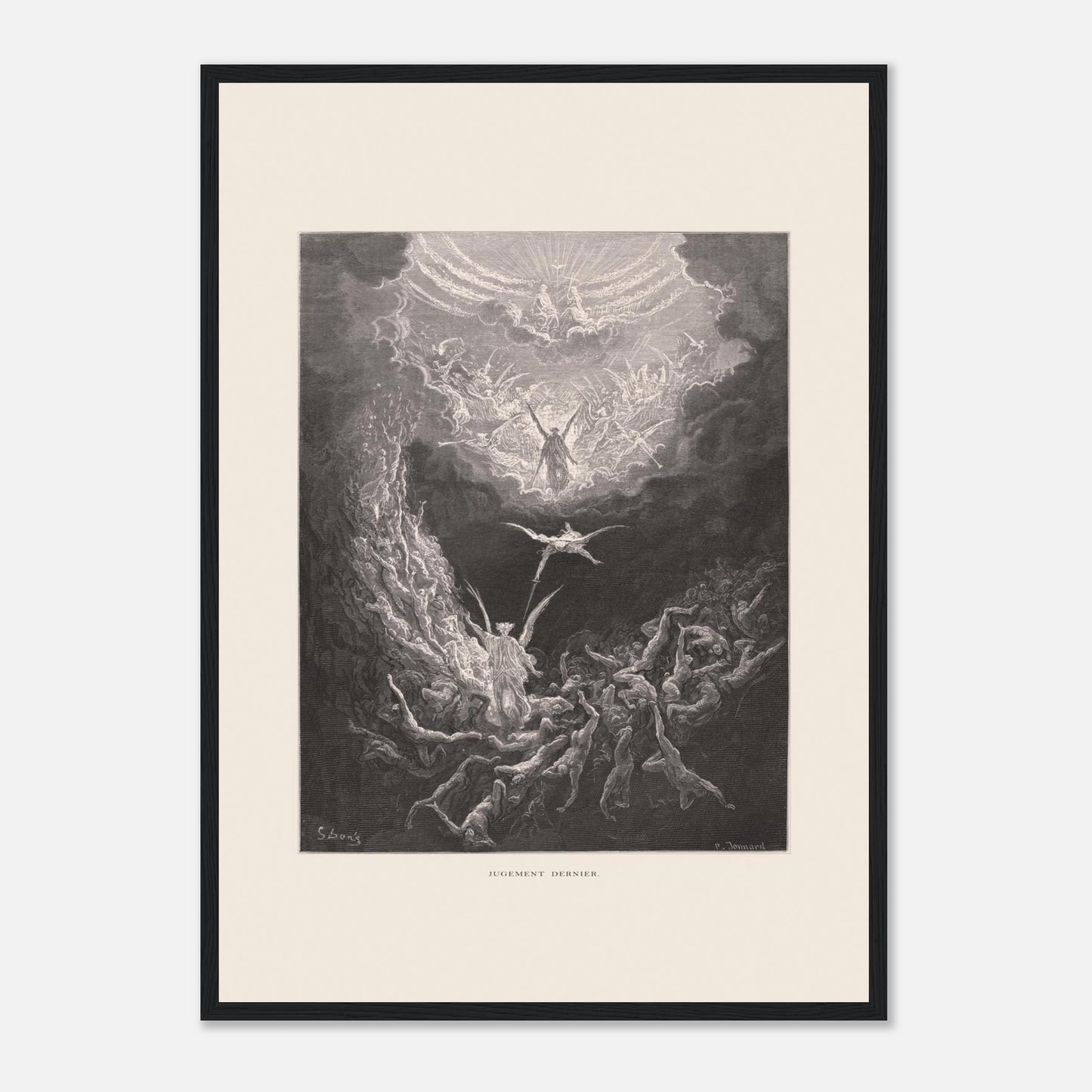 Planche ancienne : Le Jugement dernier par Gustave Doré (42x59,4 cm (A2) / Cadre noir). Estampe de Gustave Doré représentant le Jugement dernier, avec des figures célestes et des âmes damnées dans un paysage sombre et tourmenté, entouré de nuages.