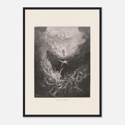 Planche ancienne : Le Jugement dernier par Gustave Doré (42x59,4 cm (A2) / Cadre noir). Estampe de Gustave Doré représentant le Jugement dernier, avec des figures célestes et des âmes damnées dans un paysage sombre et tourmenté, entouré de nuages.