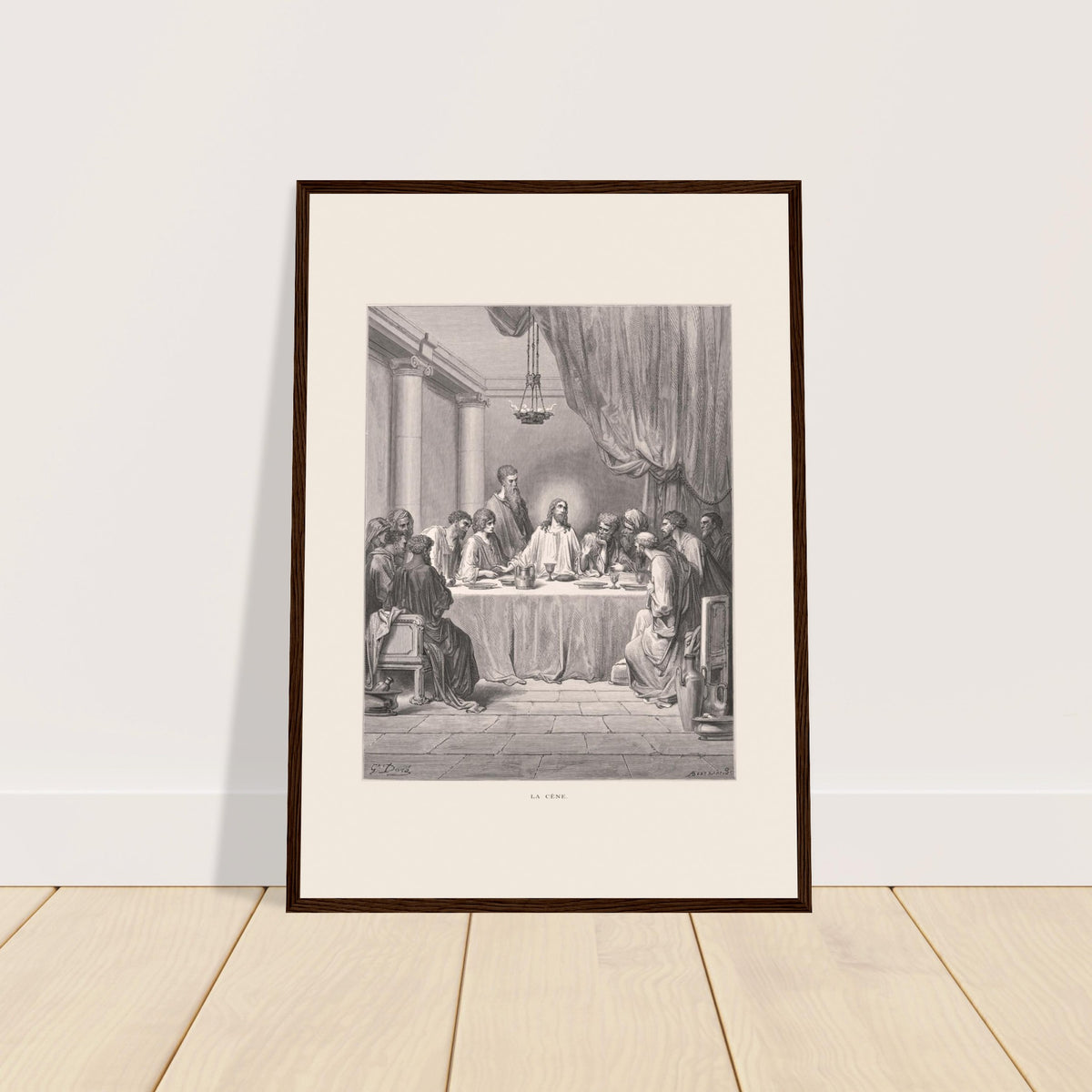 Antiker Druck: Das Abendmahl von Gustave Doré. Stich von Gustave Doré, der das Abendmahl illustriert, mit Jesus und den zwölf Aposteln, die in einem klassischen architektonischen Rahmen um einen Tisch sitzen.