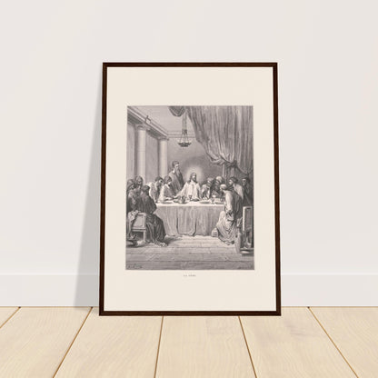 Antiker Druck: Das Abendmahl von Gustave Doré. Stich von Gustave Doré, der das Abendmahl illustriert, mit Jesus und den zwölf Aposteln, die in einem klassischen architektonischen Rahmen um einen Tisch sitzen.