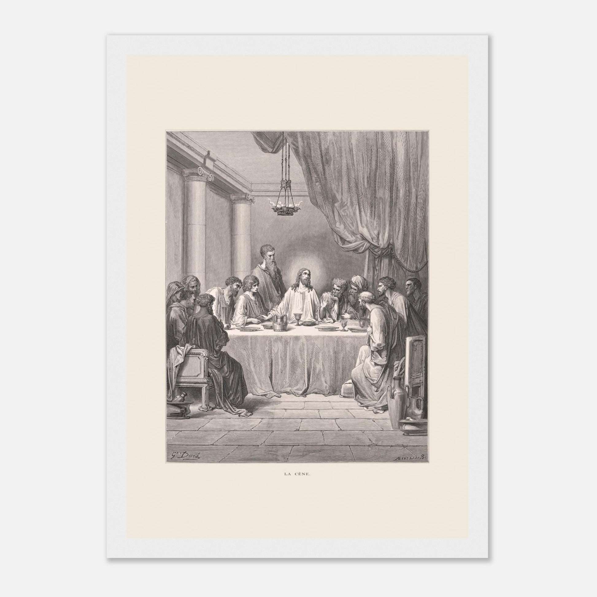 Planche ancienne : La Cène par Gustave Doré (21x29,7 cm (A4) / Cadre blanc). Gravure de Gustave Doré illustrant La Cène, avec Jésus et les douze apôtres assis autour d'une table dans un décor architectural classique.
