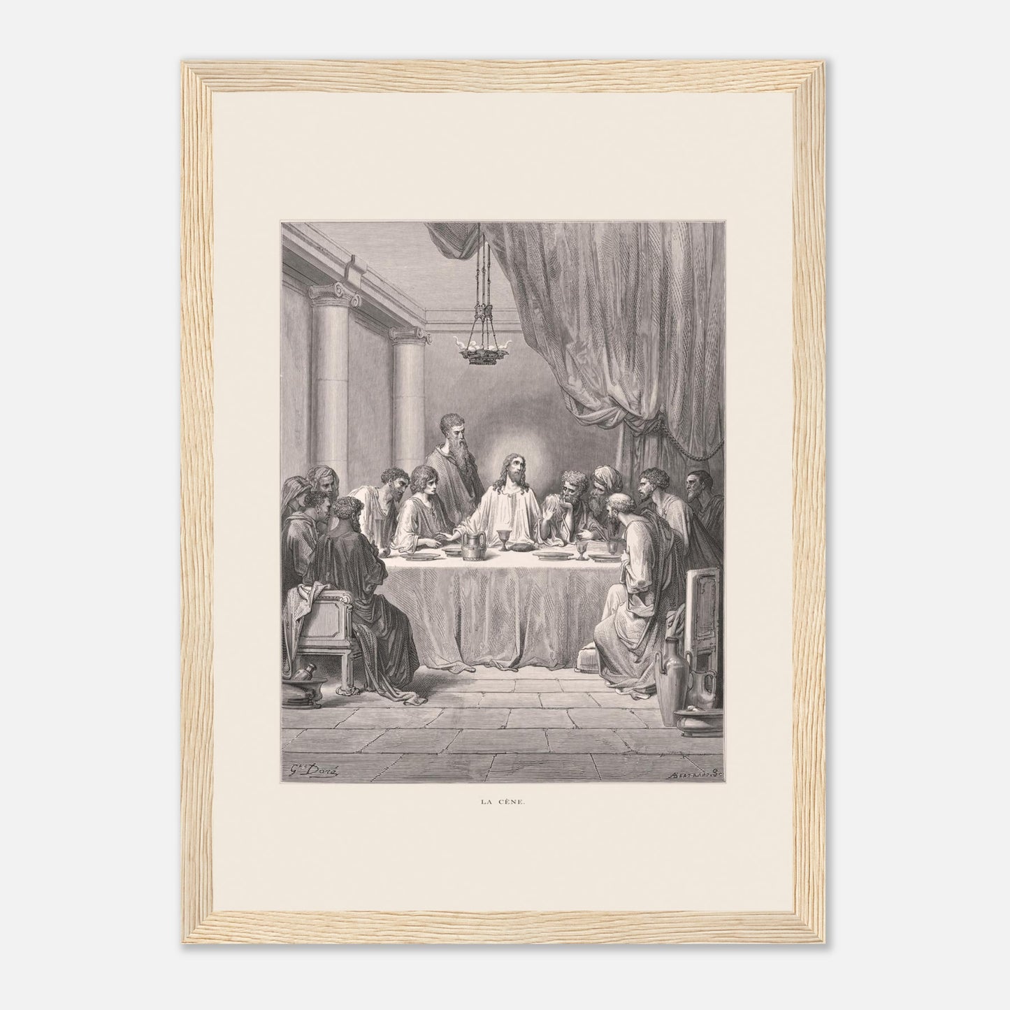 Planche ancienne : La Cène par Gustave Doré (21x29,7 cm (A4) / Cadre bois clair). Gravure de Gustave Doré illustrant La Cène, avec Jésus et les douze apôtres assis autour d'une table dans un décor architectural classique.