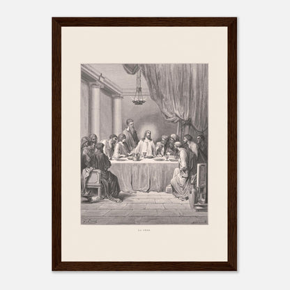 Planche ancienne : La Cène par Gustave Doré (21x29,7 cm (A4) / Cadre bois foncé). Gravure de Gustave Doré illustrant La Cène, avec Jésus et les douze apôtres assis autour d'une table dans un décor architectural classique.