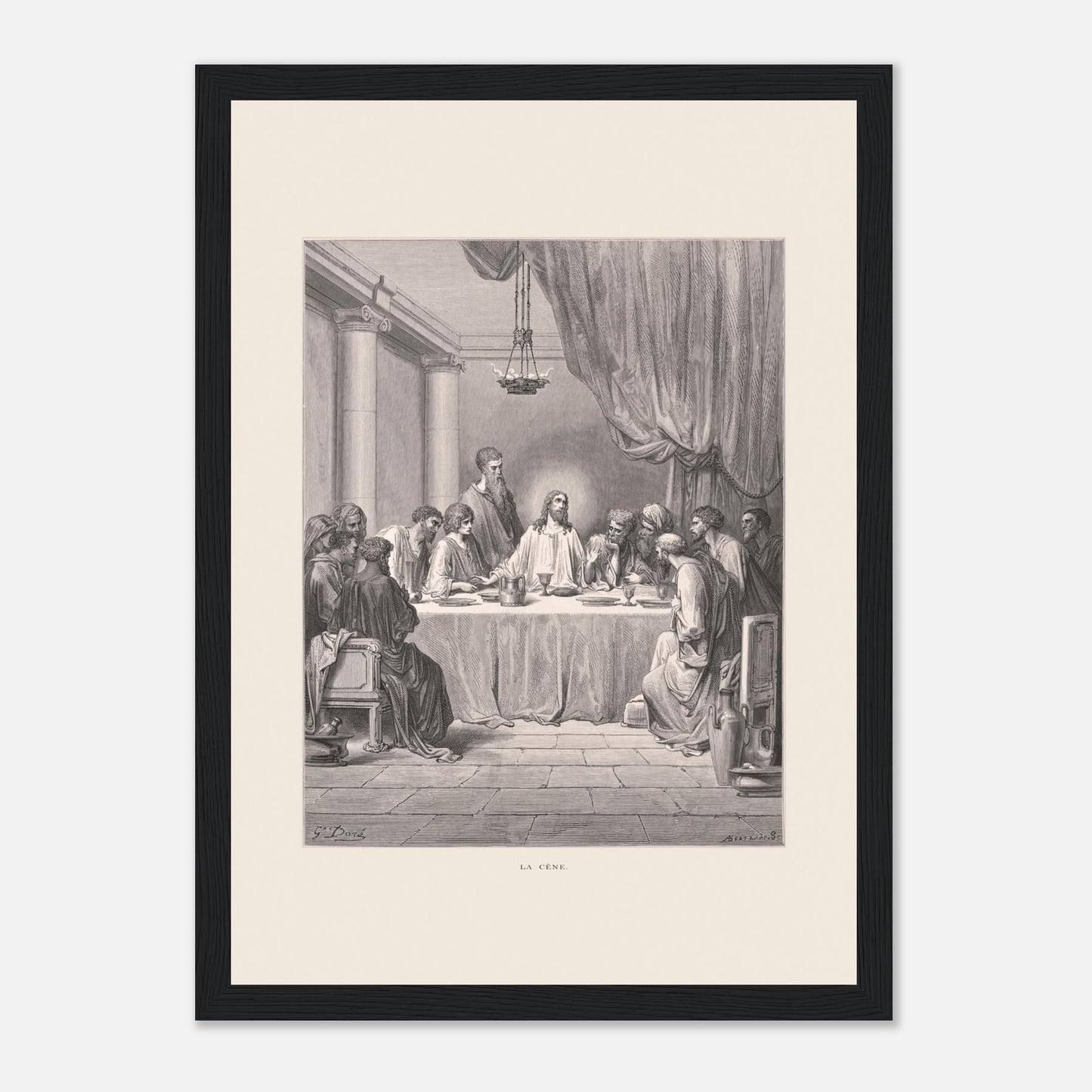 Planche ancienne : La Cène par Gustave Doré (21x29,7 cm (A4) / Cadre noir). Gravure de Gustave Doré illustrant La Cène, avec Jésus et les douze apôtres assis autour d'une table dans un décor architectural classique.