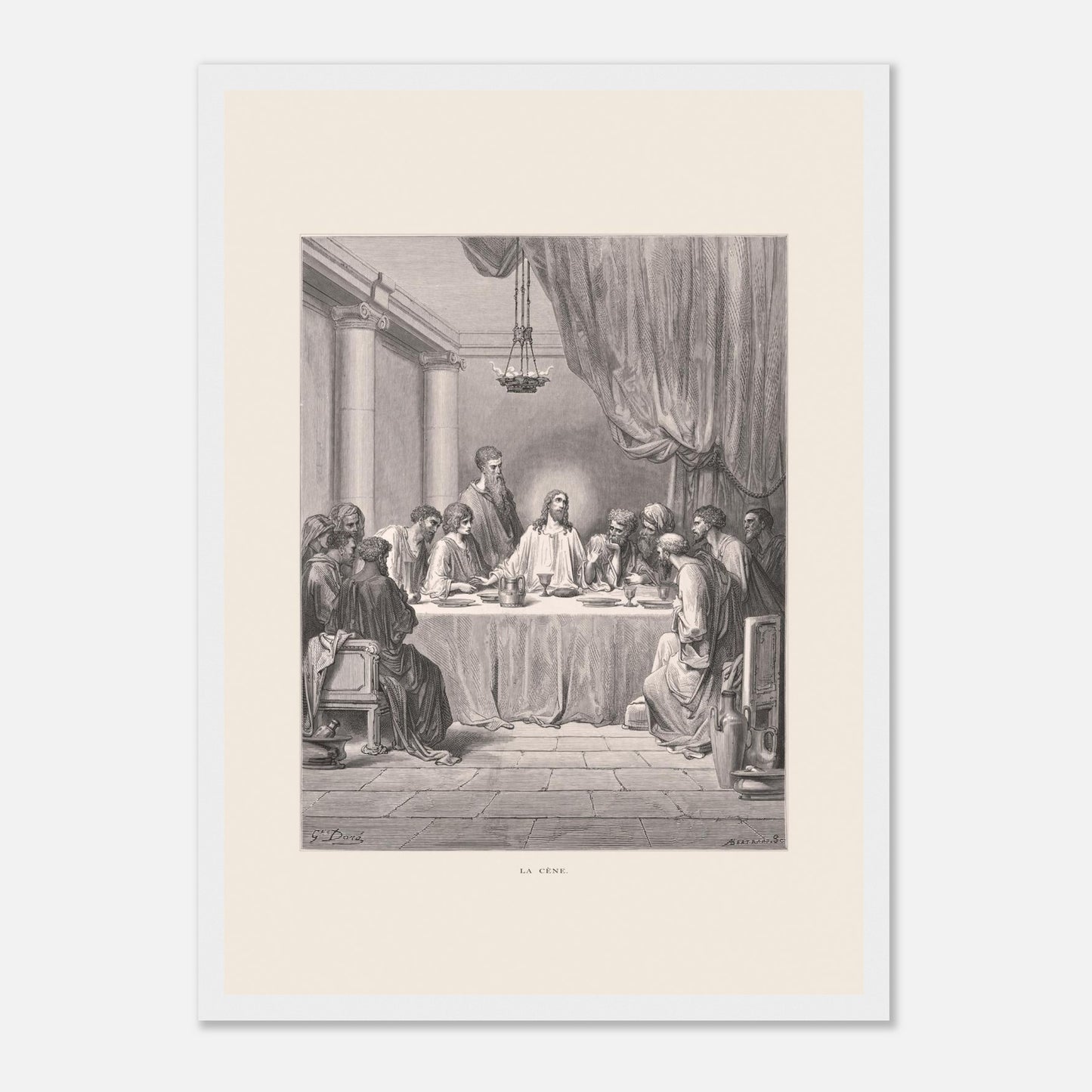 Planche ancienne : La Cène par Gustave Doré (29,7x42 cm (A3) / Cadre blanc). Gravure de Gustave Doré illustrant La Cène, avec Jésus et les douze apôtres assis autour d'une table dans un décor architectural classique.
