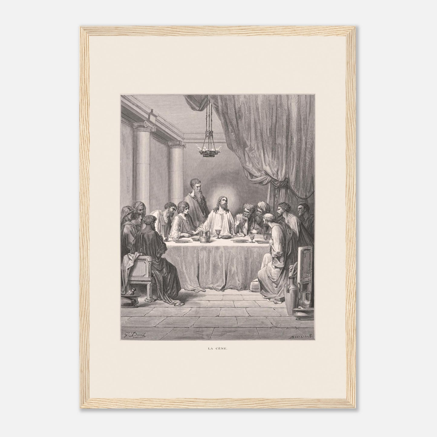 Planche ancienne : La Cène par Gustave Doré (29,7x42 cm (A3) / Cadre bois clair). Gravure de Gustave Doré illustrant La Cène, avec Jésus et les douze apôtres assis autour d'une table dans un décor architectural classique.