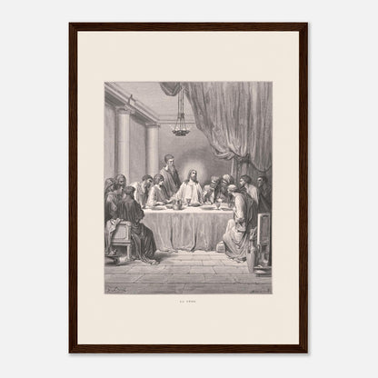 Planche ancienne : La Cène par Gustave Doré (29,7x42 cm (A3) / Cadre bois foncé). Gravure de Gustave Doré illustrant La Cène, avec Jésus et les douze apôtres assis autour d'une table dans un décor architectural classique.