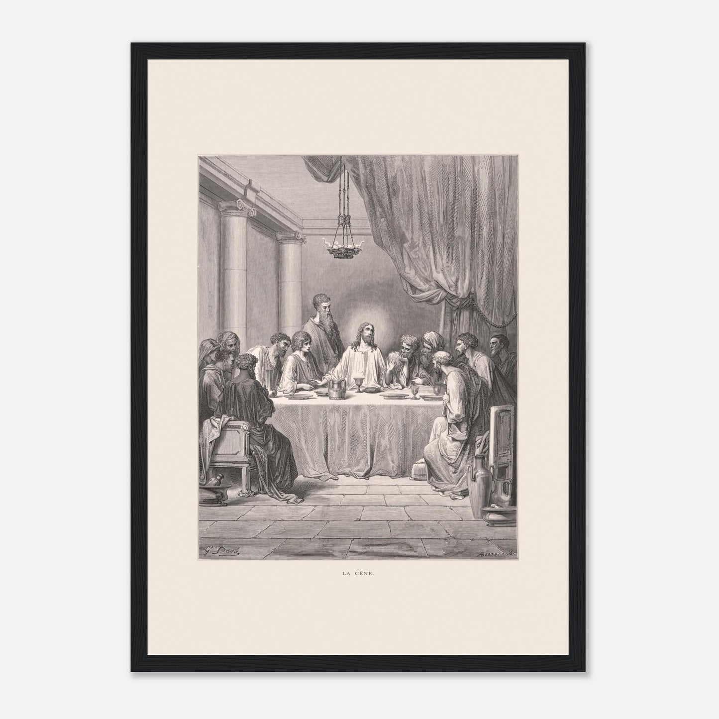 Planche ancienne : La Cène par Gustave Doré (29,7x42 cm (A3) / Cadre noir). Gravure de Gustave Doré illustrant La Cène, avec Jésus et les douze apôtres assis autour d'une table dans un décor architectural classique.