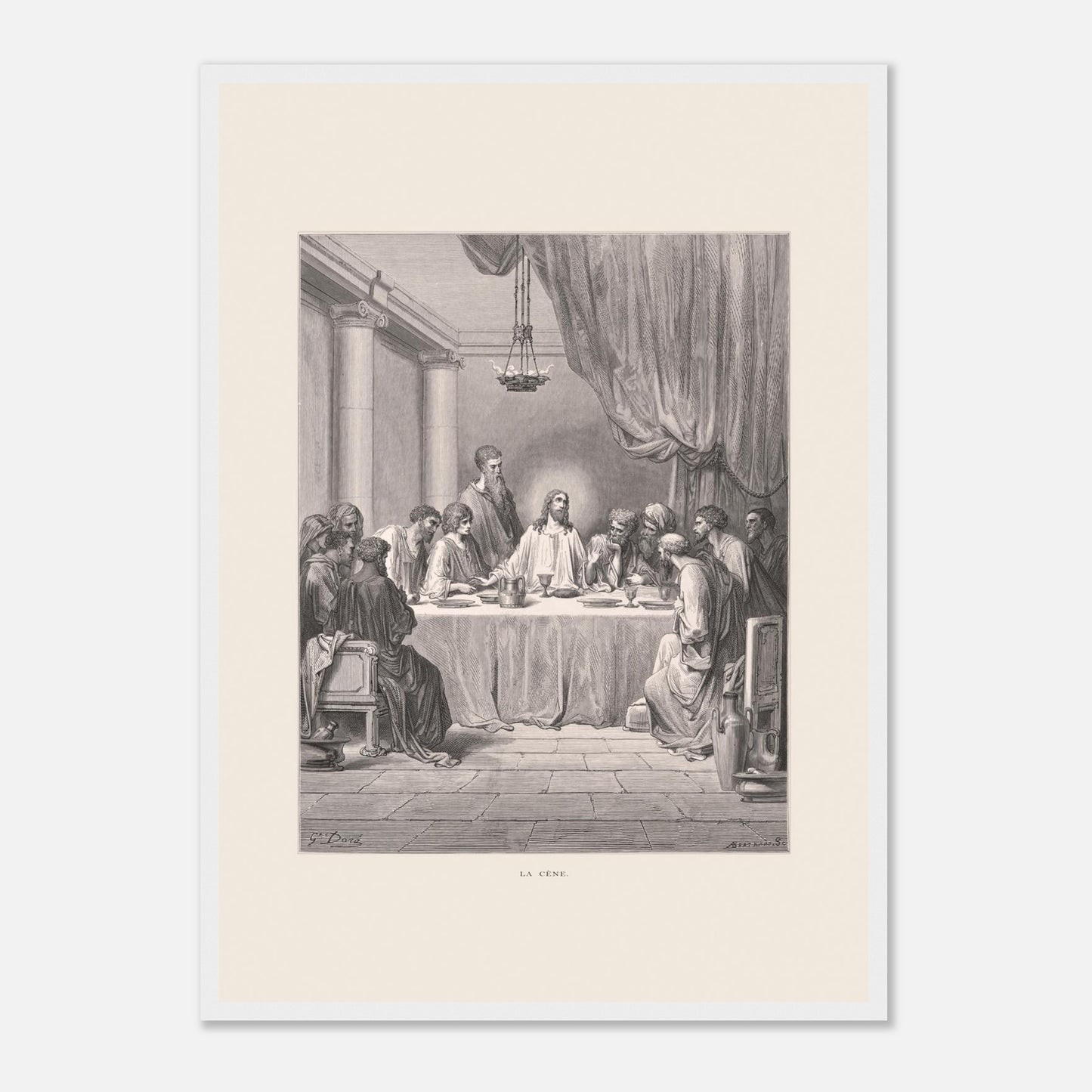 Planche ancienne : La Cène par Gustave Doré (42x59,4 cm (A2) / Cadre blanc). Gravure de Gustave Doré illustrant La Cène, avec Jésus et les douze apôtres assis autour d'une table dans un décor architectural classique.
