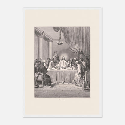 Planche ancienne : La Cène par Gustave Doré (42x59,4 cm (A2) / Cadre blanc). Gravure de Gustave Doré illustrant La Cène, avec Jésus et les douze apôtres assis autour d'une table dans un décor architectural classique.