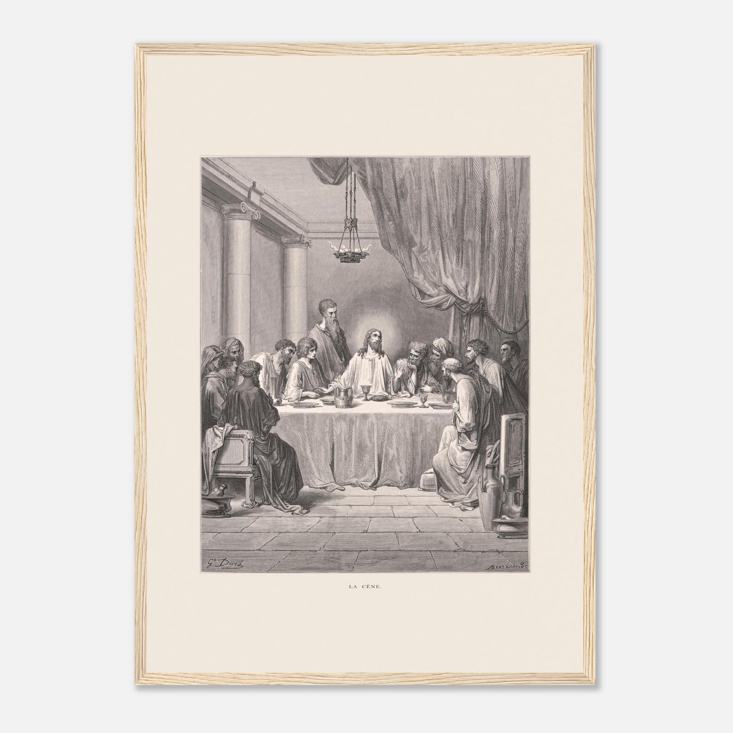 Planche ancienne : La Cène par Gustave Doré (42x59,4 cm (A2) / Cadre bois clair). Gravure de Gustave Doré illustrant La Cène, avec Jésus et les douze apôtres assis autour d'une table dans un décor architectural classique.