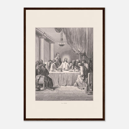Planche ancienne : La Cène par Gustave Doré (42x59,4 cm (A2) / Cadre bois foncé). Gravure de Gustave Doré illustrant La Cène, avec Jésus et les douze apôtres assis autour d'une table dans un décor architectural classique.
