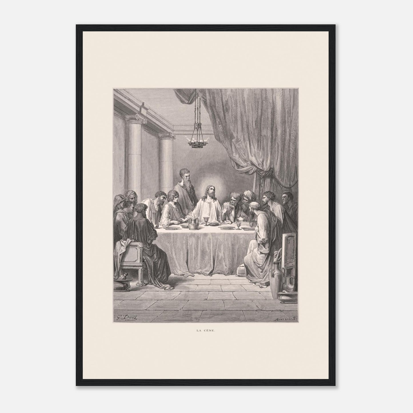 Planche ancienne : La Cène par Gustave Doré (42x59,4 cm (A2) / Cadre noir). Gravure de Gustave Doré illustrant La Cène, avec Jésus et les douze apôtres assis autour d'une table dans un décor architectural classique.