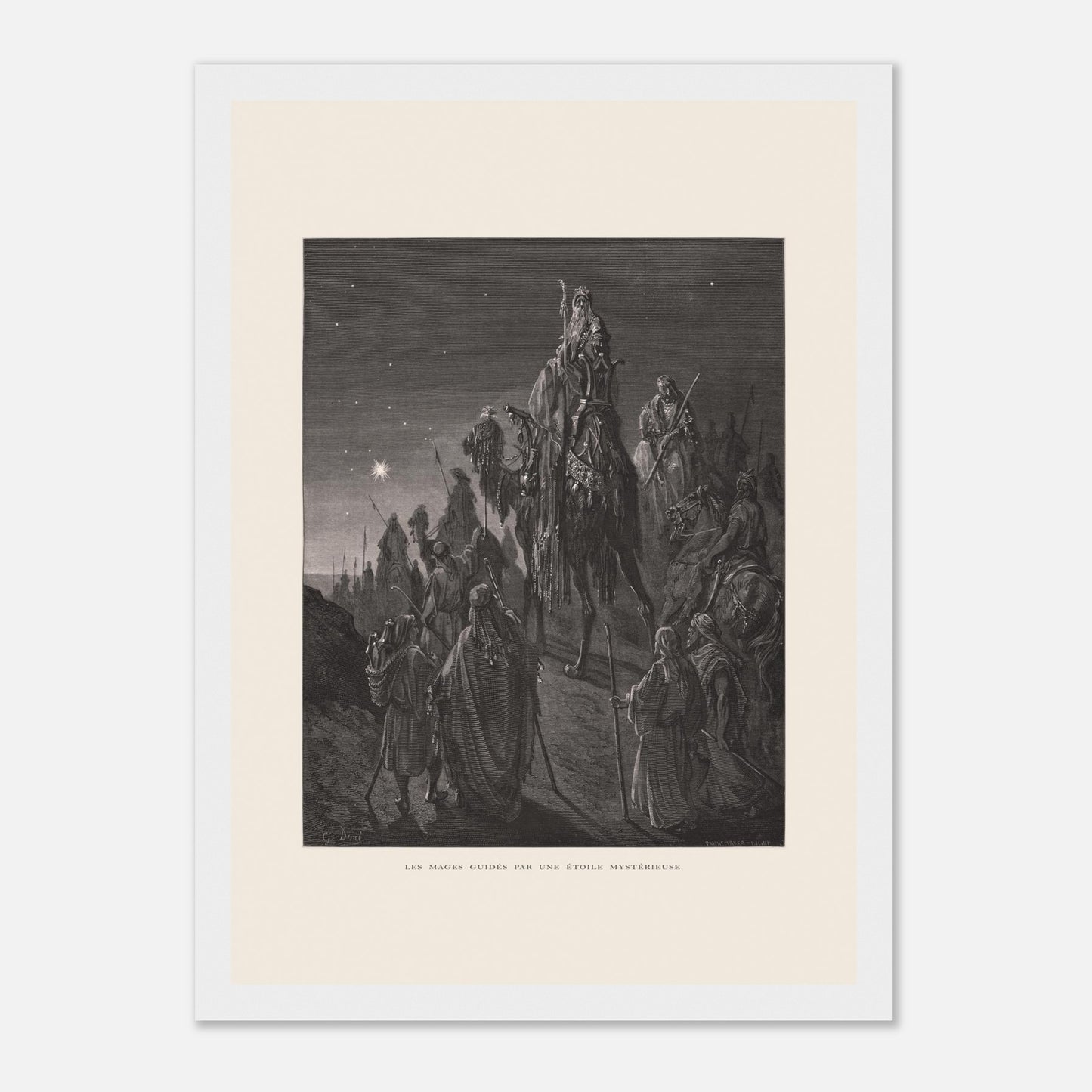 Reproduction planche La pêche miraculeuse de Gustave Doré (21x29,7 cm (A4) / Cadre blanc). Gravure de Gustave Doré illustrant la pêche miraculeuse, où Jésus se tient au bord de l'eau et des pêcheurs retirent un filet rempli de poissons.
