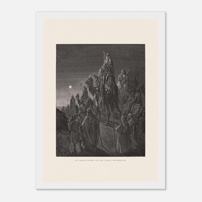 Reproduction planche La pêche miraculeuse de Gustave Doré (21x29,7 cm (A4) / Cadre blanc). Gravure de Gustave Doré illustrant la pêche miraculeuse, où Jésus se tient au bord de l'eau et des pêcheurs retirent un filet rempli de poissons.