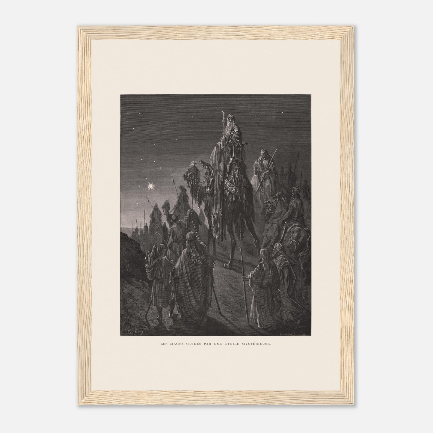 Reproduction planche La pêche miraculeuse de Gustave Doré (21x29,7 cm (A4) / Cadre bois clair). Gravure de Gustave Doré illustrant la pêche miraculeuse, où Jésus se tient au bord de l'eau et des pêcheurs retirent un filet rempli de poissons.