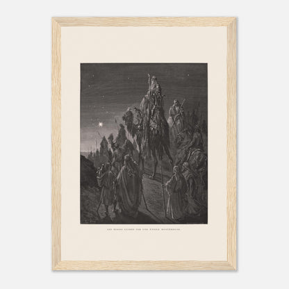 Reproduction planche La pêche miraculeuse de Gustave Doré (21x29,7 cm (A4) / Cadre bois clair). Gravure de Gustave Doré illustrant la pêche miraculeuse, où Jésus se tient au bord de l'eau et des pêcheurs retirent un filet rempli de poissons.