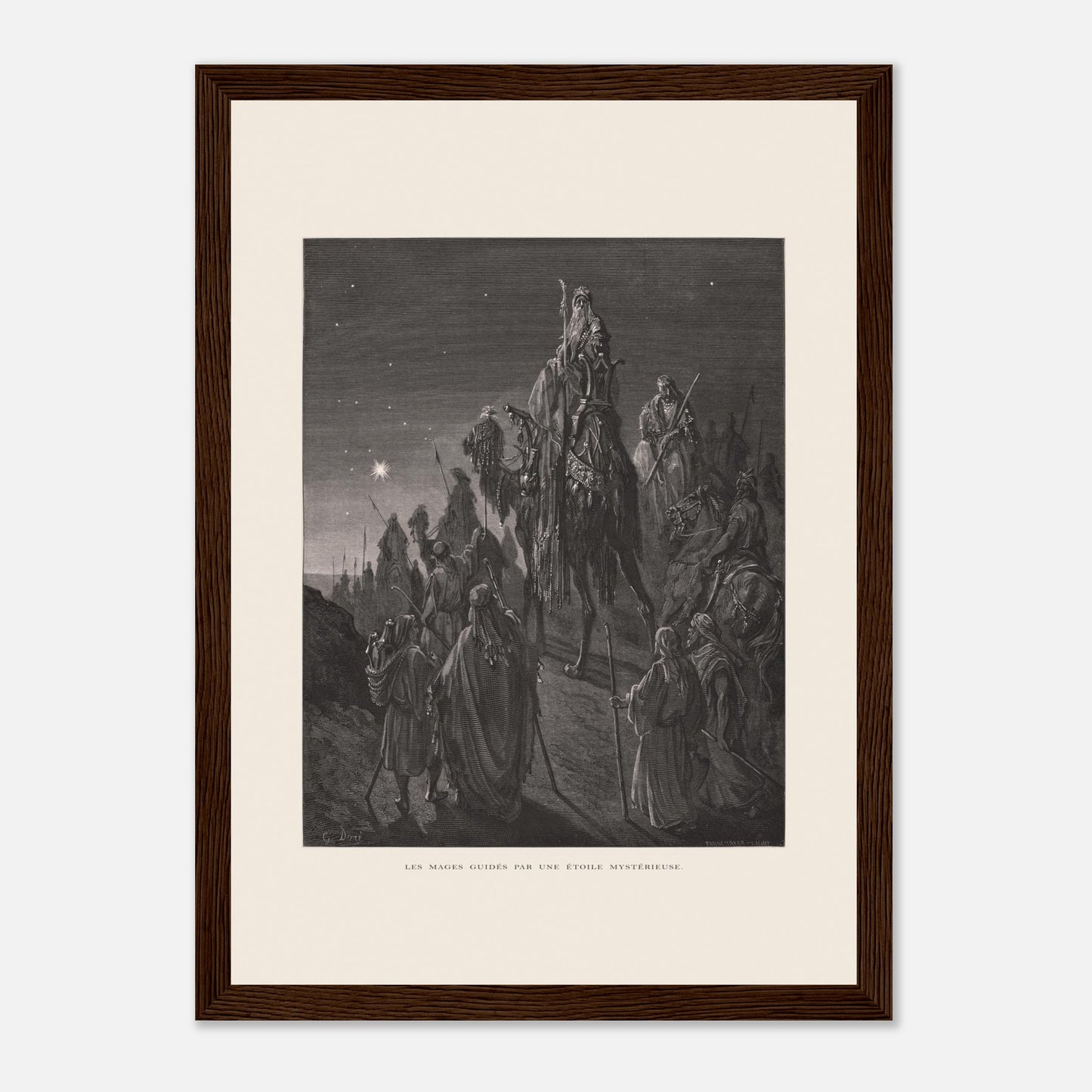 Reproduction planche La pêche miraculeuse de Gustave Doré (21x29,7 cm (A4) / Cadre bois foncé). Gravure de Gustave Doré illustrant la pêche miraculeuse, où Jésus se tient au bord de l'eau et des pêcheurs retirent un filet rempli de poissons.