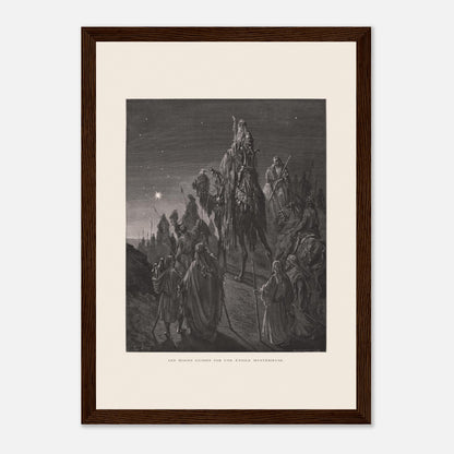 Reproduction planche La pêche miraculeuse de Gustave Doré (21x29,7 cm (A4) / Cadre bois foncé). Gravure de Gustave Doré illustrant la pêche miraculeuse, où Jésus se tient au bord de l'eau et des pêcheurs retirent un filet rempli de poissons.