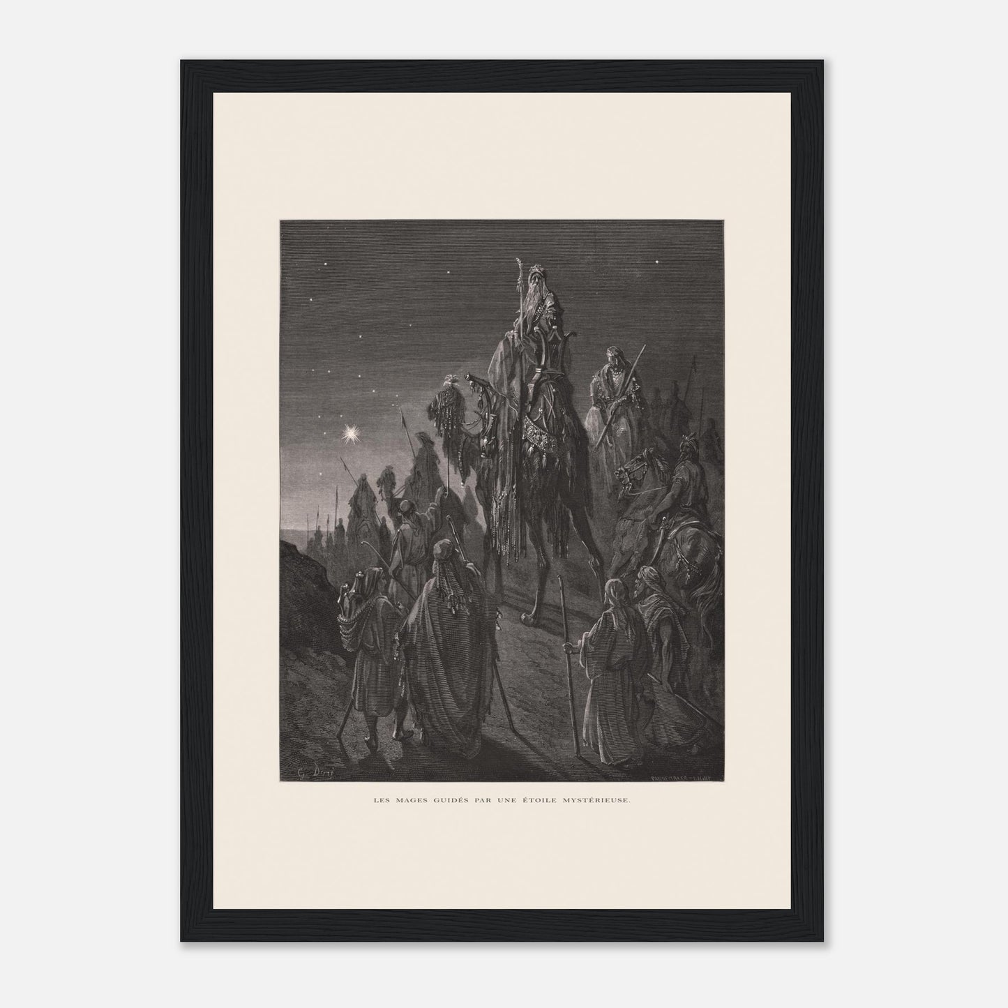 Reproduction planche La pêche miraculeuse de Gustave Doré (21x29,7 cm (A4) / Cadre noir). Gravure de Gustave Doré illustrant la pêche miraculeuse, où Jésus se tient au bord de l'eau et des pêcheurs retirent un filet rempli de poissons.