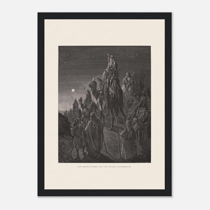 Reproduction planche La pêche miraculeuse de Gustave Doré (21x29,7 cm (A4) / Cadre noir). Gravure de Gustave Doré illustrant la pêche miraculeuse, où Jésus se tient au bord de l'eau et des pêcheurs retirent un filet rempli de poissons.
