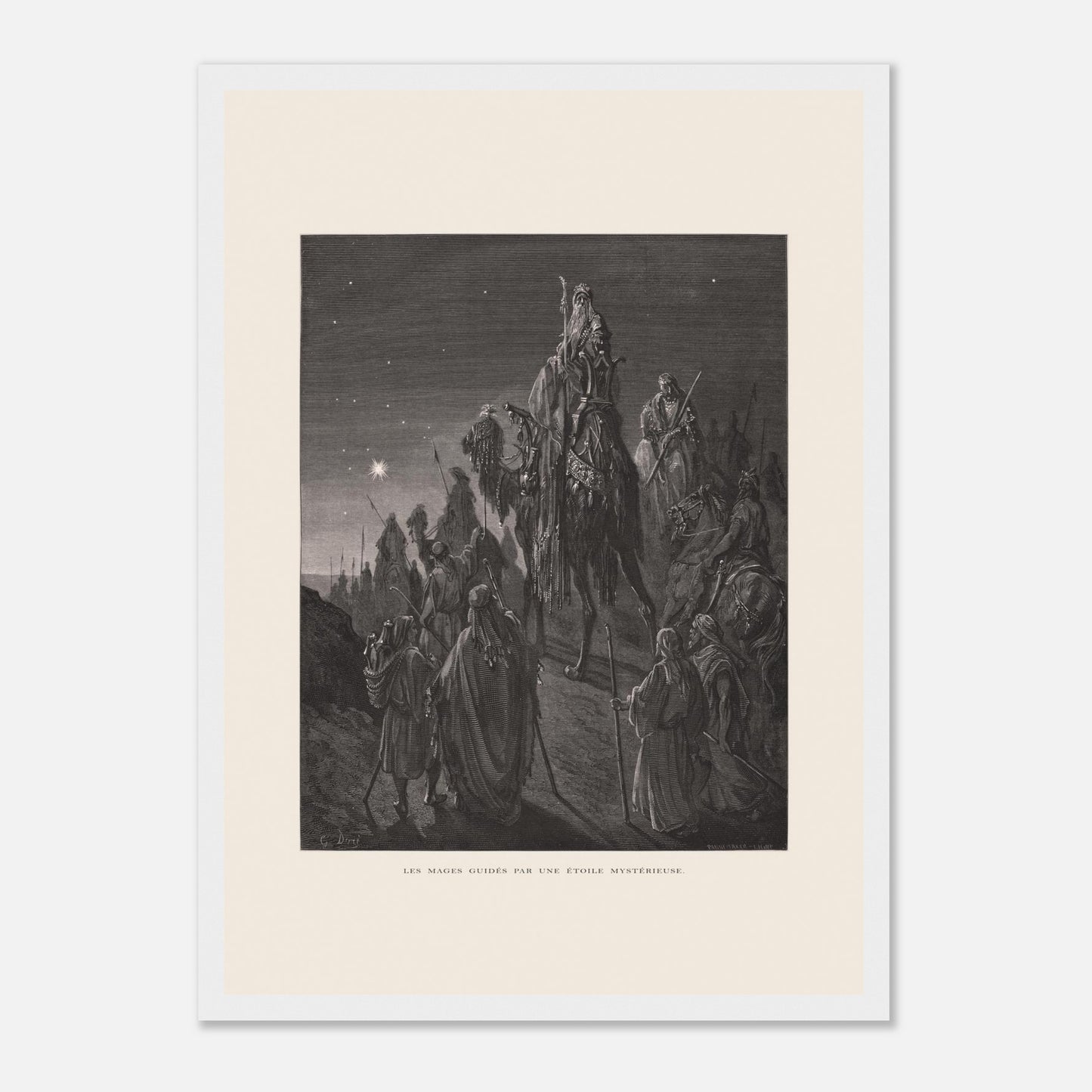 Reproduction planche La pêche miraculeuse de Gustave Doré (29,7x42 cm (A3) / Cadre blanc). Gravure de Gustave Doré illustrant la pêche miraculeuse, où Jésus se tient au bord de l'eau et des pêcheurs retirent un filet rempli de poissons.