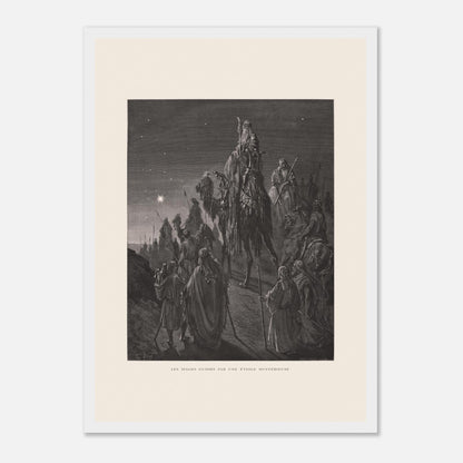 Reproduction planche La pêche miraculeuse de Gustave Doré (29,7x42 cm (A3) / Cadre blanc). Gravure de Gustave Doré illustrant la pêche miraculeuse, où Jésus se tient au bord de l'eau et des pêcheurs retirent un filet rempli de poissons.