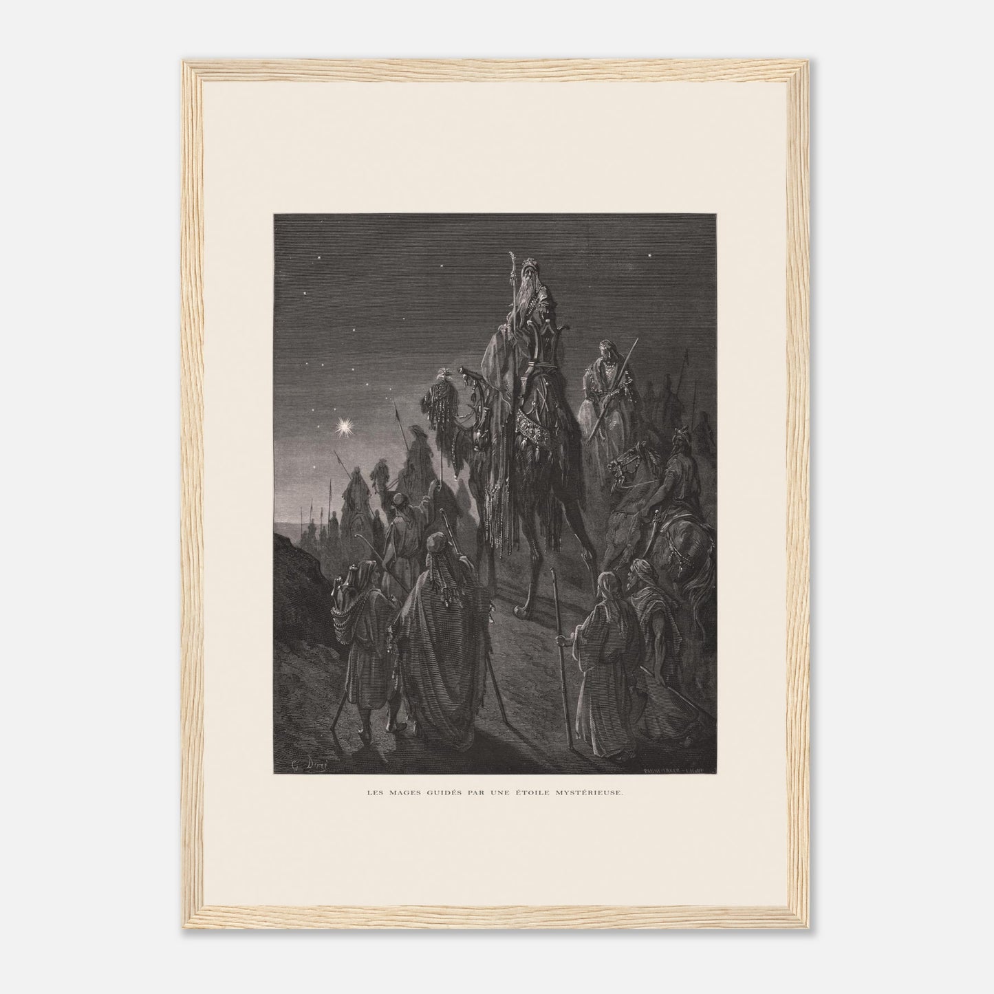 Reproduction planche La pêche miraculeuse de Gustave Doré (29,7x42 cm (A3) / Cadre bois clair). Gravure de Gustave Doré illustrant la pêche miraculeuse, où Jésus se tient au bord de l'eau et des pêcheurs retirent un filet rempli de poissons.